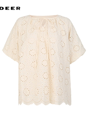 sdeer圣迪奥女装25年新品田园风圆领绣花镂空短袖上衣S252Z3239