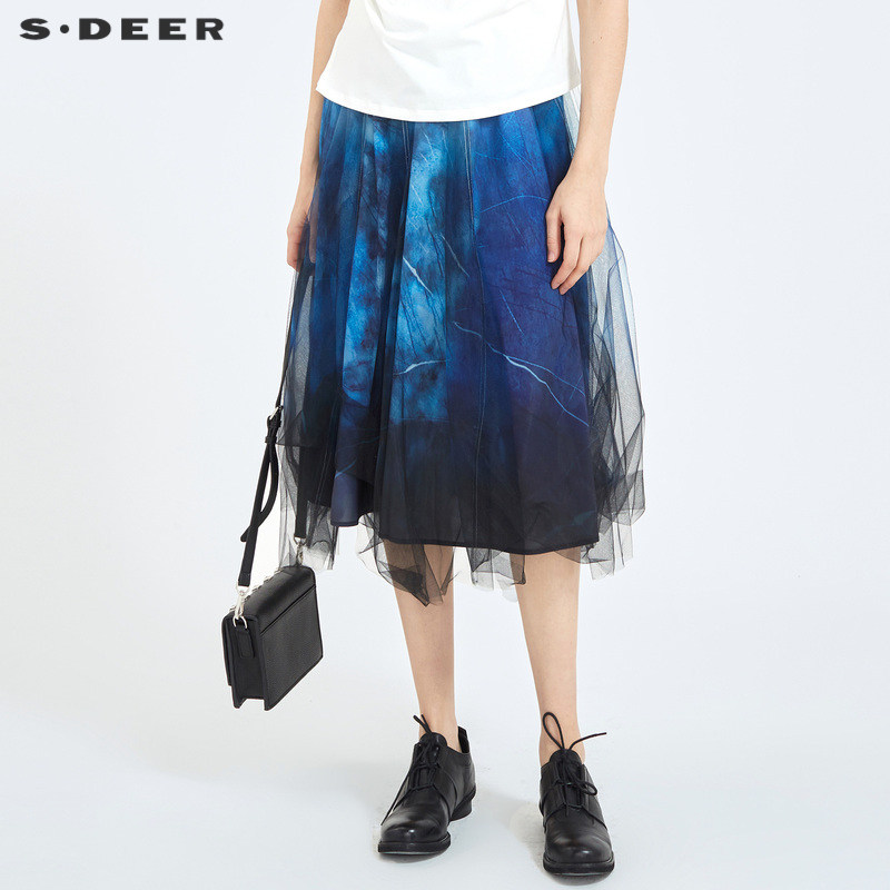 sdeer圣迪奥女装秋优雅松紧扎染印花网纱拼接A字长裙S2118