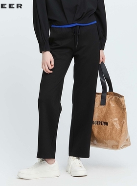 sdeer圣迪奥女装秋抽绳松紧插袋直筒黑色长裤S233Z0830