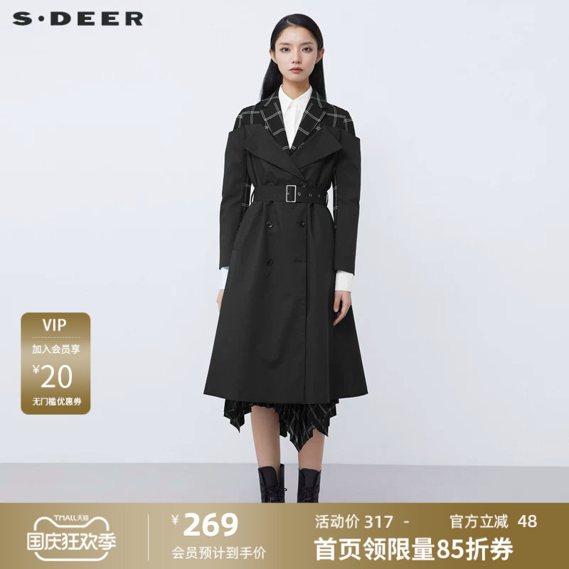 sdeer圣迪奥女装2025秋款休闲西装领格纹拼接长款风衣S21381808