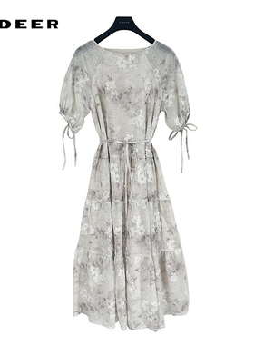 sdeer圣迪奥女装25年新品田园风圆领印花收腰连衣裙S252Z1288