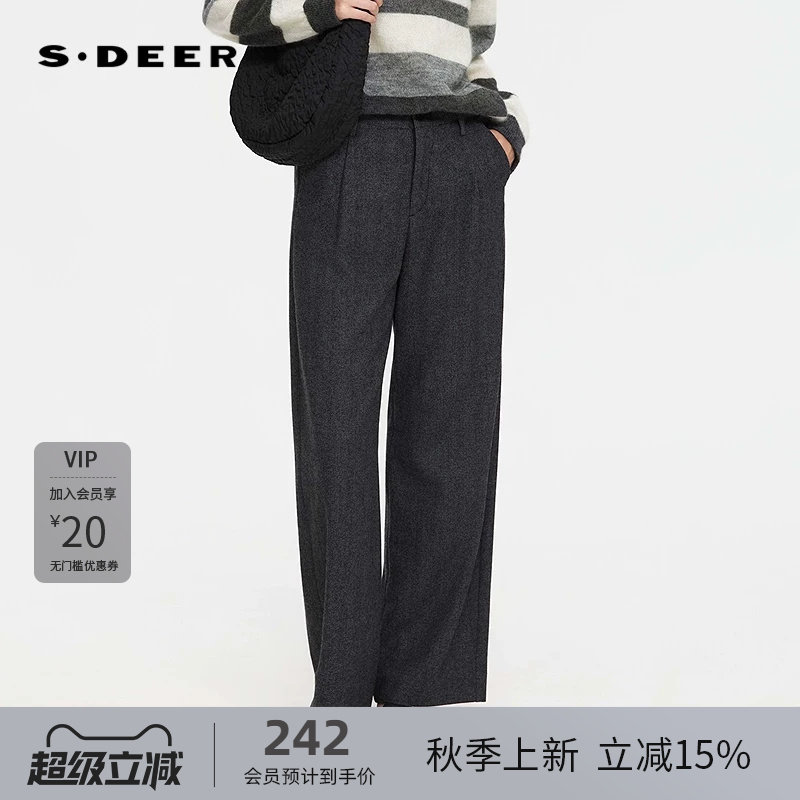sdeer圣迪奥女装25年新品OL风高腰插袋直筒毛呢长裤S253Z0812