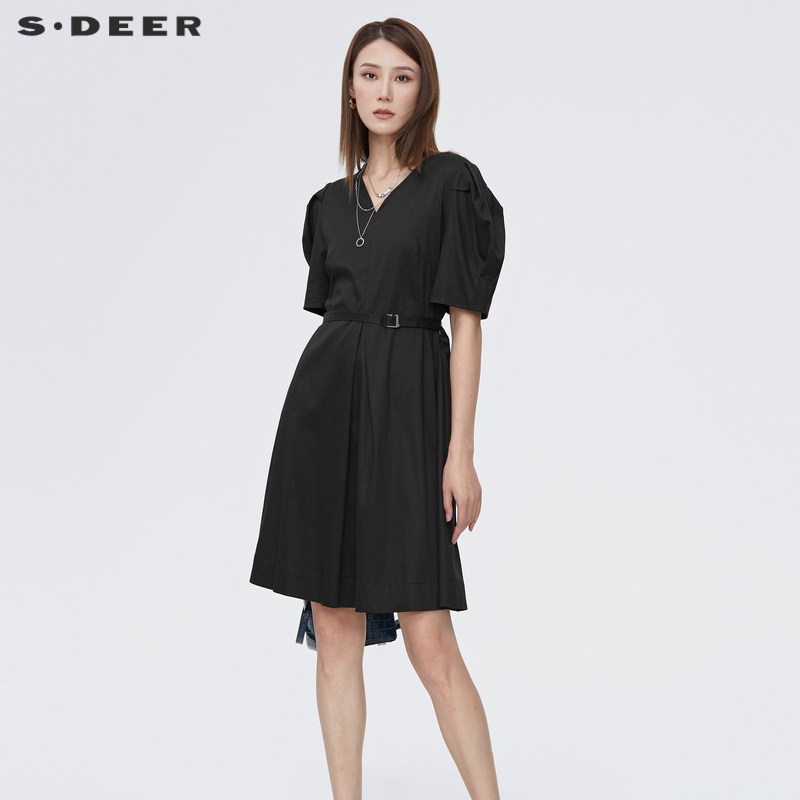 sdeer圣迪奥女装优雅V领收腰绣花泡泡袖连衣裙S2228122