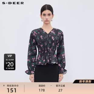 S233Z0575 衬衫 sdeer圣迪奥女装 V领风琴褶碎花收腰长袖