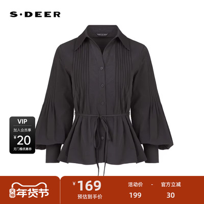 sdeer圣迪奥女装休闲翻领风琴褶收腰长袖衬衫S233Z0555