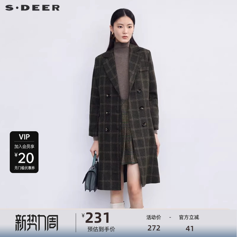 sdeer圣迪奥女装西装领双排扣格纹毛呢大衣S224Z2512