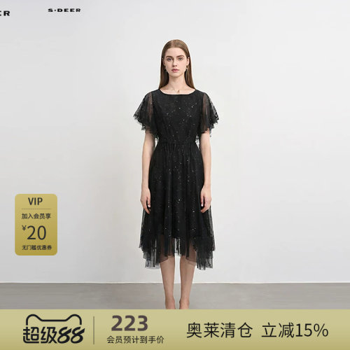 s.deer复古收腰网纱蕾丝连衣裙