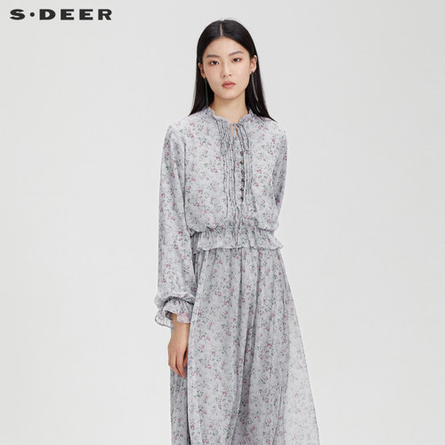 s.deer木耳边系带碎花泡泡袖衬衫