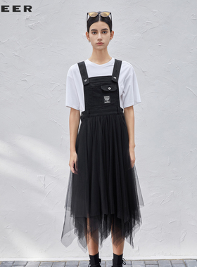 S·DEER圣迪奥女装秋学院风字母网纱背带连衣裙S211T1207
