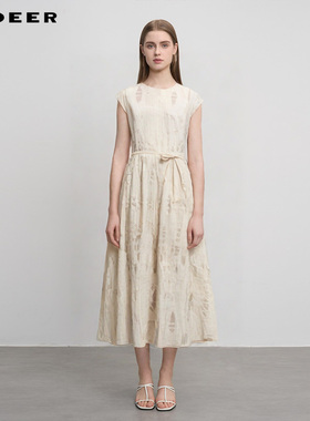 sdeer圣迪奥女装25年新品度假风圆领收腰提花无袖连衣裙S252Z1237