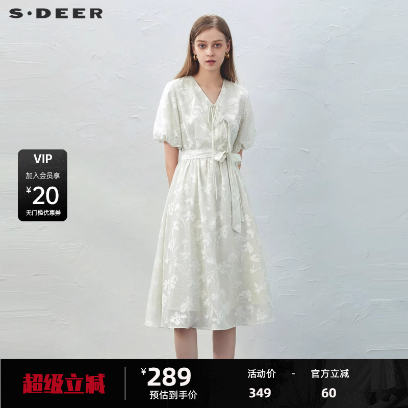 sdeer圣迪奥女装V领系带绣花泡泡袖新中式连衣裙S232Z12