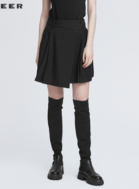 S·DEER圣迪奥女装秋学院风拼接不规则A字黑色短裙S22181301
