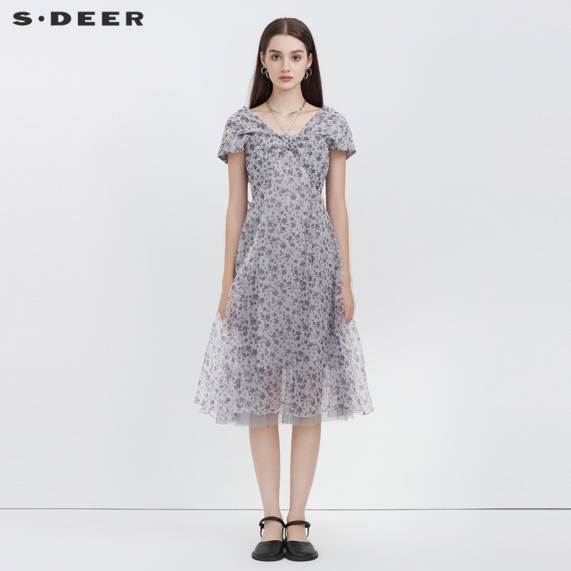 sdeer圣迪奥女装V领拼接碎花无袖连衣裙S223Z120R