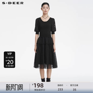 sdeer圣迪奥女装 圆领蕾丝波点拼接连衣裙S222Z1203