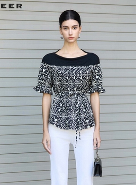 sdeer圣迪奥女装圆领撞色印花收腰拼接短袖衬衫S242Z0413