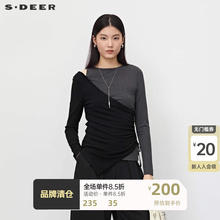 sdeer圣迪奥女装圆领露肩撞色系带长袖T恤S23180204