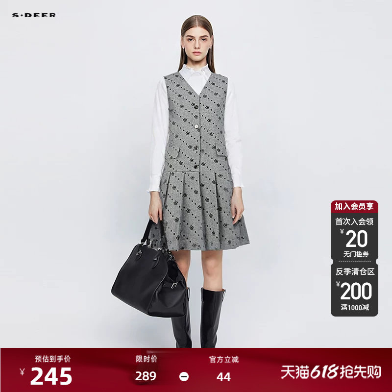 【反季清仓】sdeer圣迪奥学院风V领印花毛呢无袖连衣裙S244Z1289