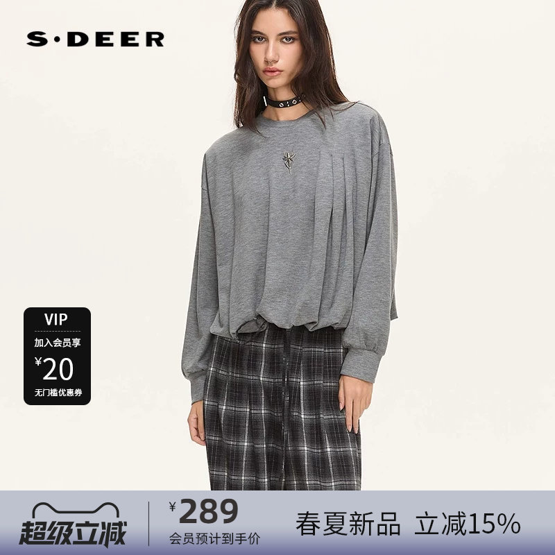 sdeer圣迪奥女装26年新品时尚圆领压褶蜘蛛胸针网纱长袖T恤