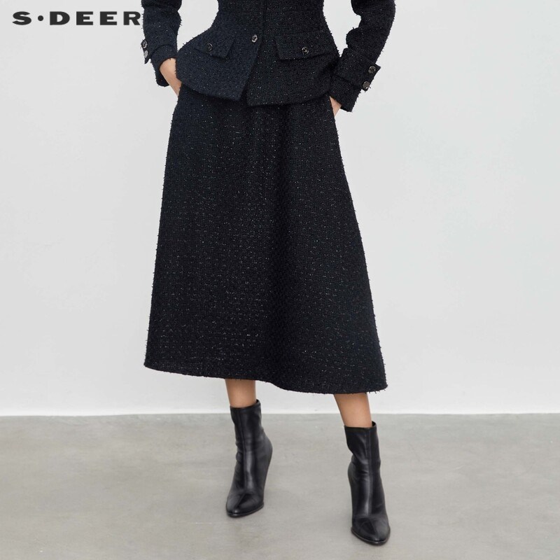 【直播间专属】sdeer圣迪奥小香风套装松紧条纹毛呢长裙S234