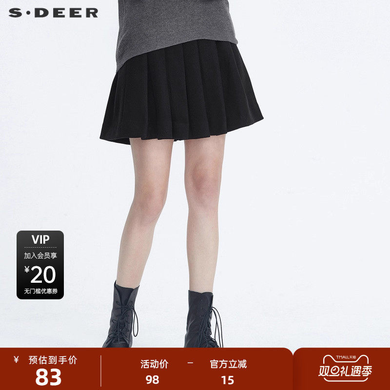 sdeer圣迪奥女装时尚百褶腰带毛呢黑色短裙S20481312