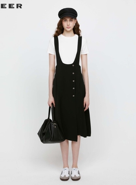 sdeer圣迪奥女装通勤复古压褶拼接黑色背带裙S242Z2901