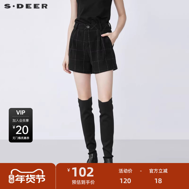 S·DEER圣迪奥女装冬季复古休闲撞色格纹A字毛呢短裤S2148