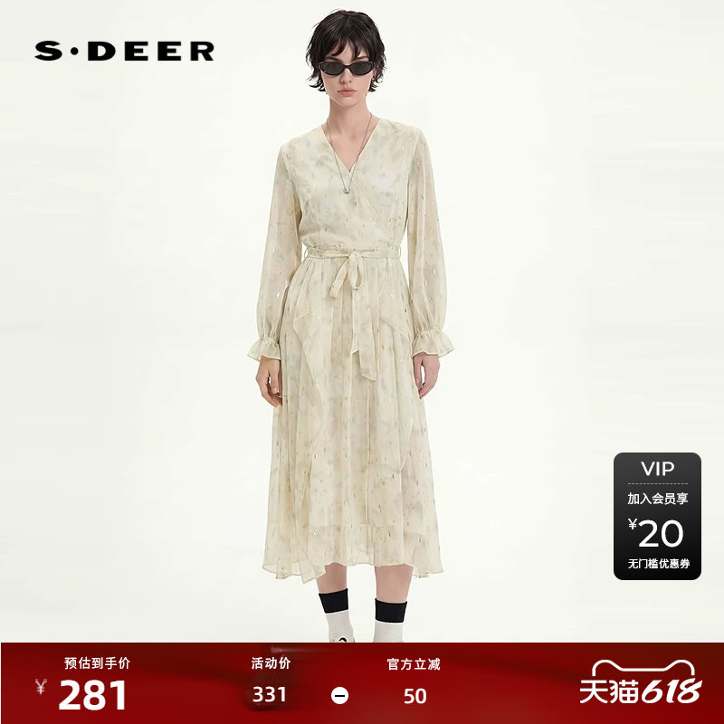 sdeer圣迪奥女装复古V领收腰印花不规则连衣裙S243Z1216