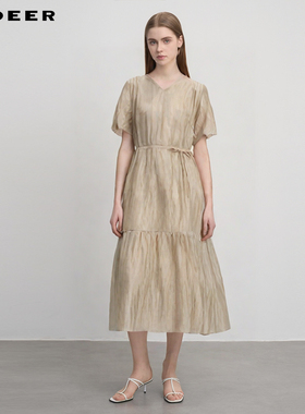 sdeer圣迪奥女装田园风V领压褶收腰短袖连衣裙S252Z1213