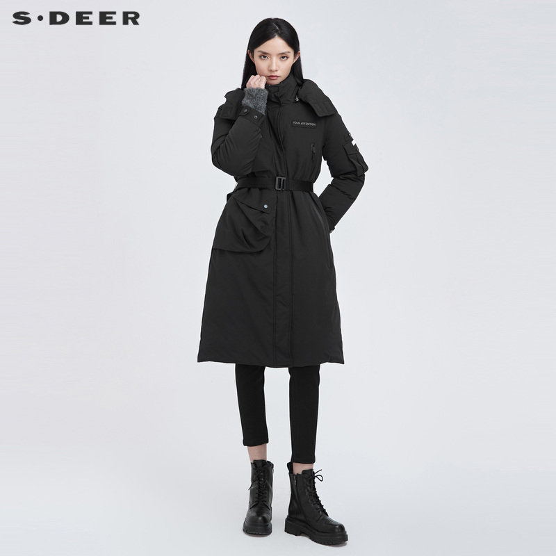 sdeer圣迪奥女装高领连帽撞色字母收腰长款羽绒服S21482417