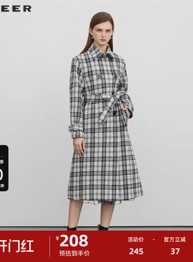 sdeer圣迪奥女装翻领收腰撞色格纹毛呢大衣S224Z2525