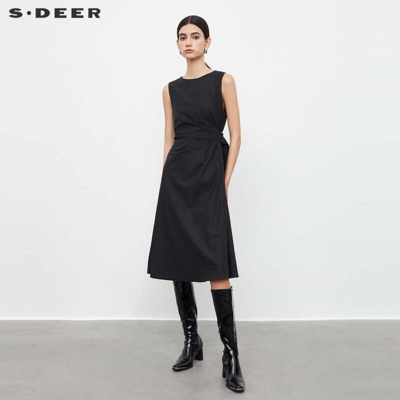s.deer收腰不规则毛呢无袖连衣裙