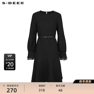 sdeer圣迪奥女装 复古圆领收腰网纱宽松连衣裙S233Z12B1