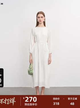 sdeer圣迪奥女装秋复古圆领肌理收腰长袖连衣裙S243Z1279