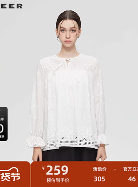 sdeer圣迪奥女装25年新品田园风圆领绣花镂空宽松衬衫S253Z0581