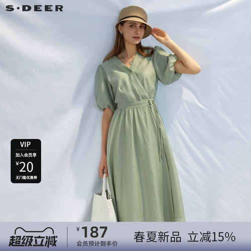 s.deer收腰泡泡袖新中式连衣裙