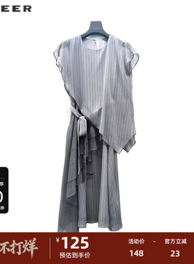sdeer圣迪奥女装圆领条纹收腰拼接短袖连衣裙S223Z124Q