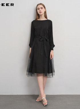 S·DEER圣迪奥女装秋圆领收腰晕染网纱泡泡袖连衣裙S233Z12D7