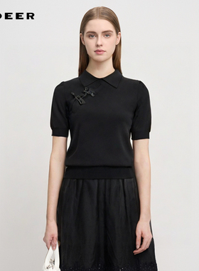sdeer圣迪奥女装复古翻领盘扣修身短袖针织衫S242Z3502