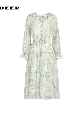 sdeer圣迪奥女装复古圆领碎花收腰长袖连衣裙S252Z1214