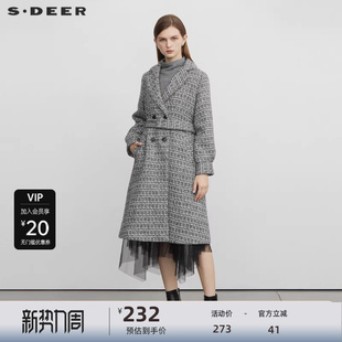 毛呢大衣S223Z2508 领收腰格纹长款 sdeer圣迪奥女装 西装