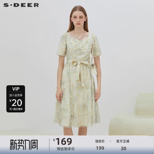 S·DEER圣迪奥女装 连衣裙S223Z122Q 方领晕染网纱收腰泡泡袖