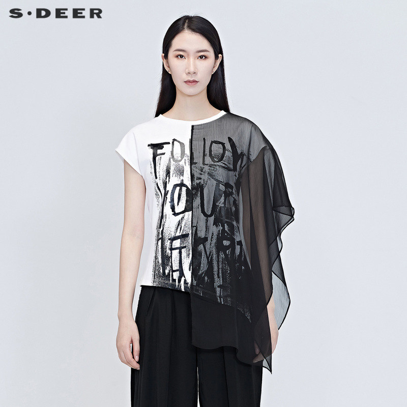 【sdeer奥莱】 圣迪奥 女装雪纺拼接印花蝙蝠袖T恤S2028