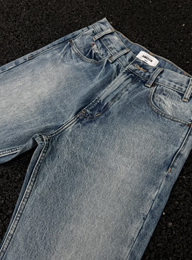 AMBSOM 2023SS 雪花纹理美式复古磨破冰蓝色501直简vibe牛仔裤