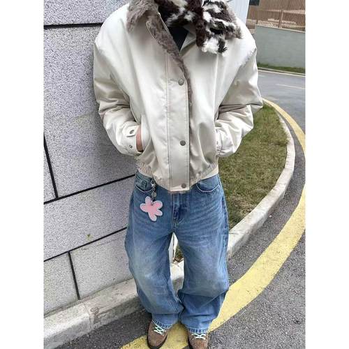 AMBSOM「白羚羊」2025冬季恒温暖绒bomber毛领棉服外套天丝棉棉衣