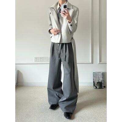 AMBSOM五联扣剑道西裤双褶通勤TR抗皱直筒A字宽松可拆腰带休闲裤