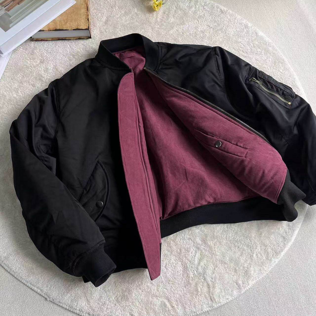 AMBSOM酒红丝绒bomber冬季双面穿加厚保暖夹克棉服男ma1飞行员