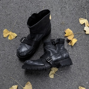 「首发4开」AMBSOM固特异阿根廷进口牛皮做旧霜冻绑带工程师靴