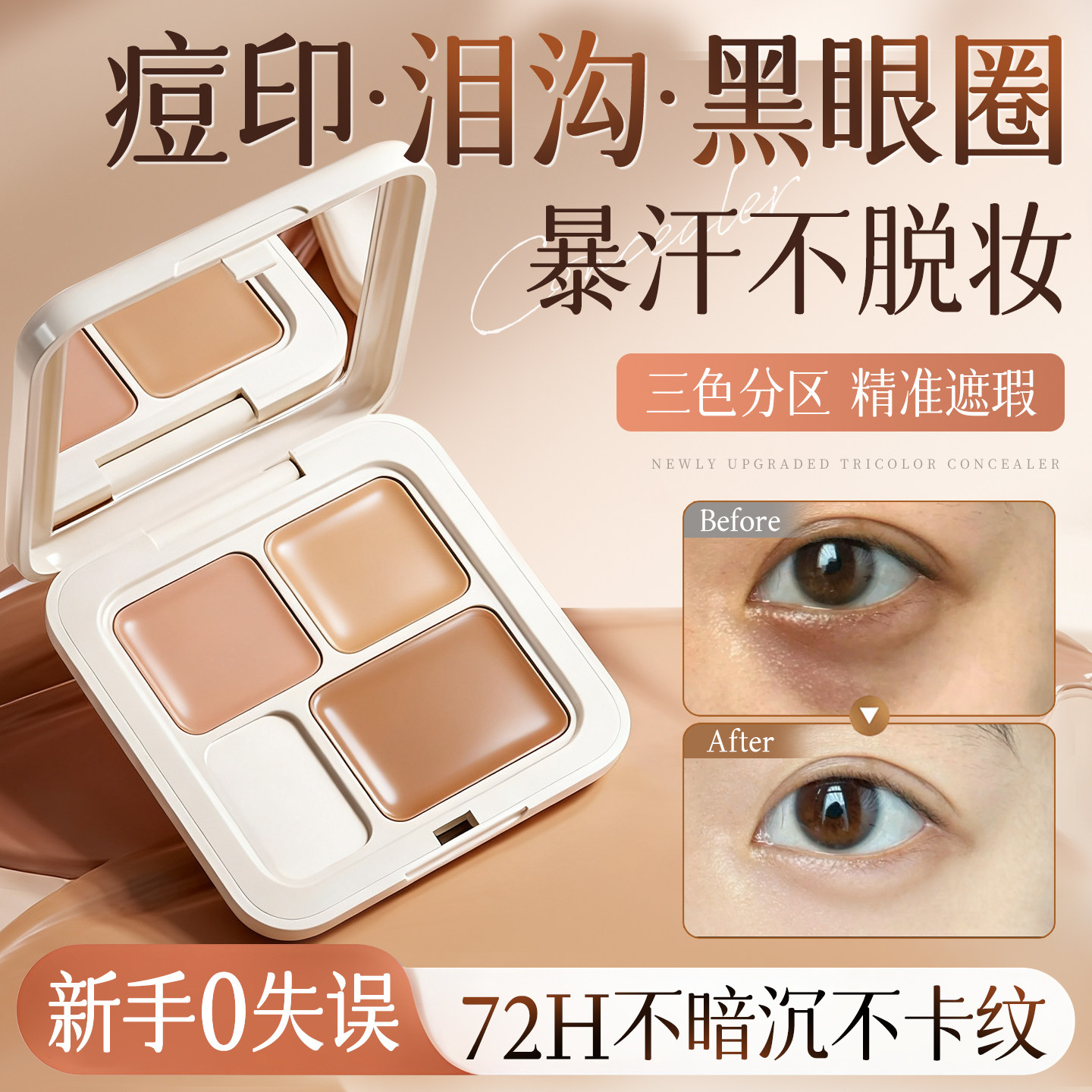 三色遮瑕膏盘遮盖斑点脸部瑕疵痘印修容提亮眼袋黑眼圈泪沟化妆师