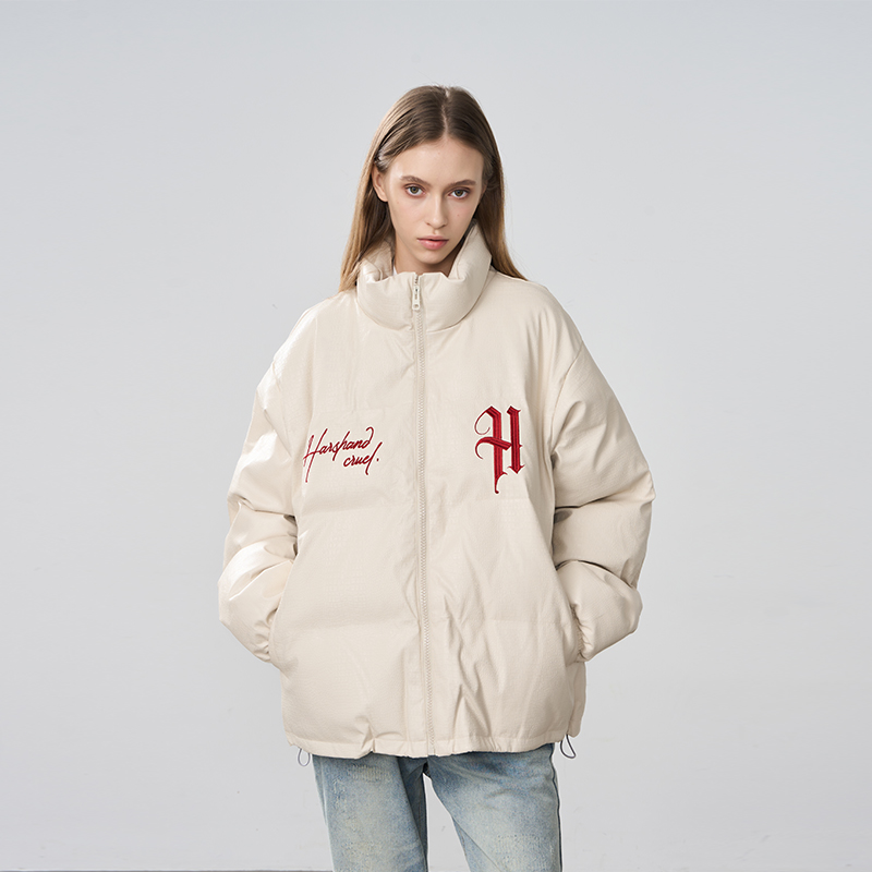 印花宽松休闲刺绣仿皮棉服