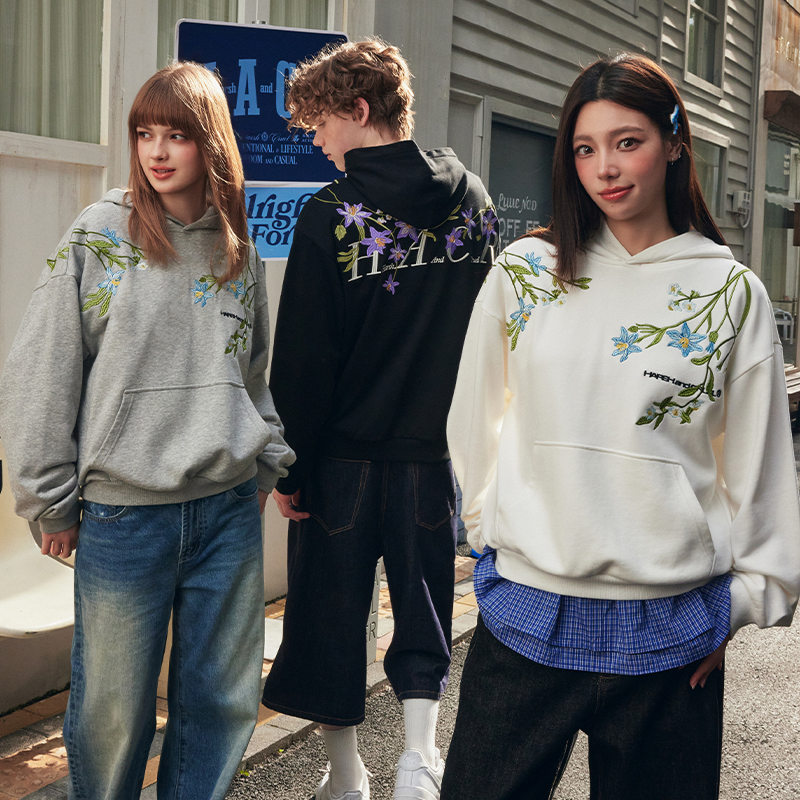 HACR紫罗兰花卉刺绣连帽卫衣 春秋装宽松植物系国潮潮流情侣帽衫